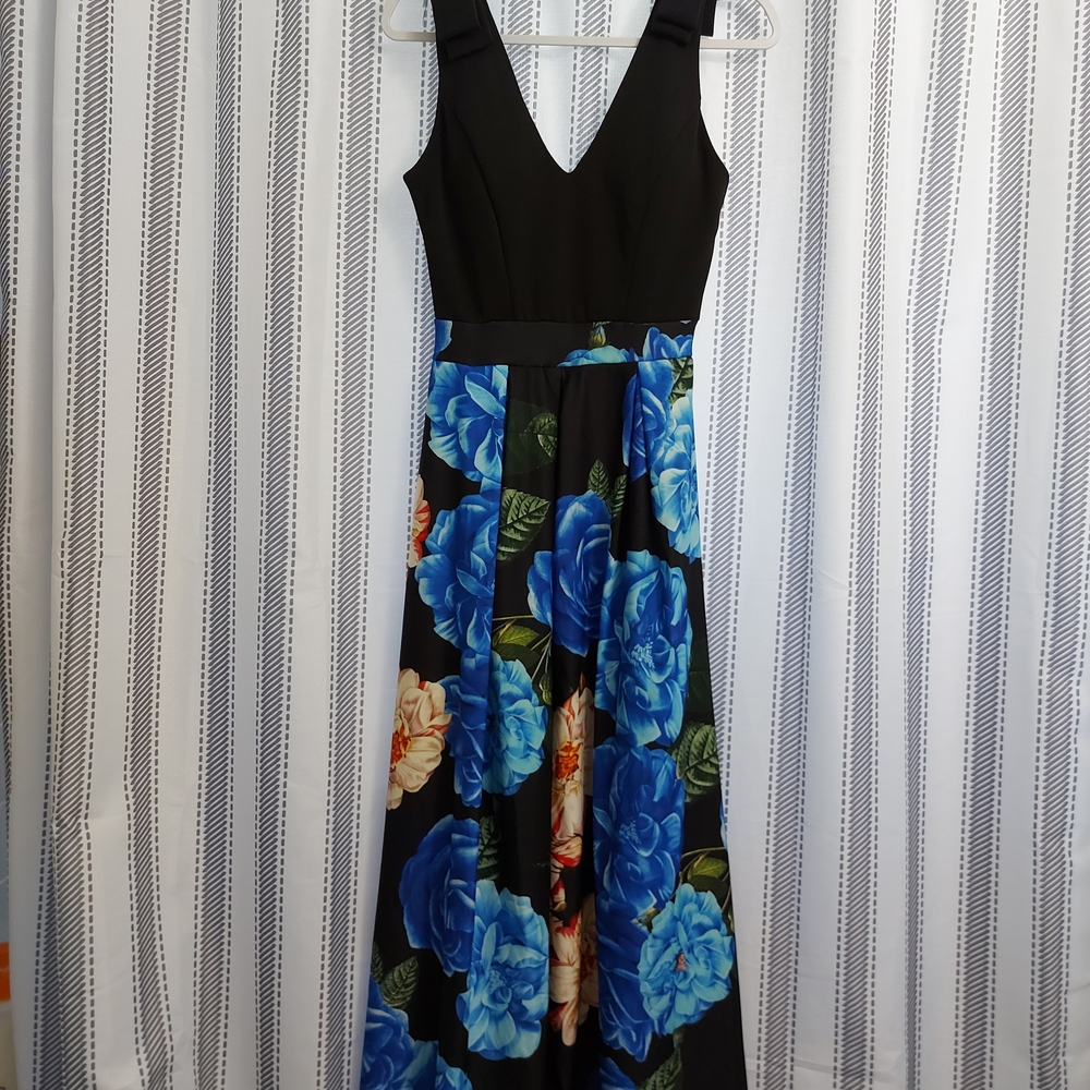 Elegant Black and Blue Floral Dress